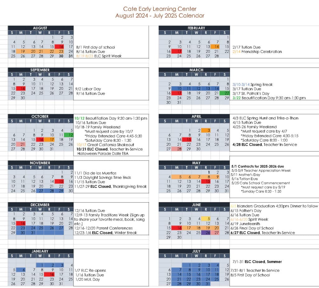 Cate Early Learning Center Calendar